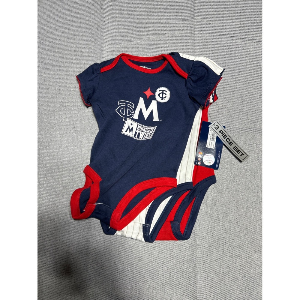 MLB Girls Minnesota‎ Twins 3 Piece Bodysuit Set 0-3M Navy Red White Baseball